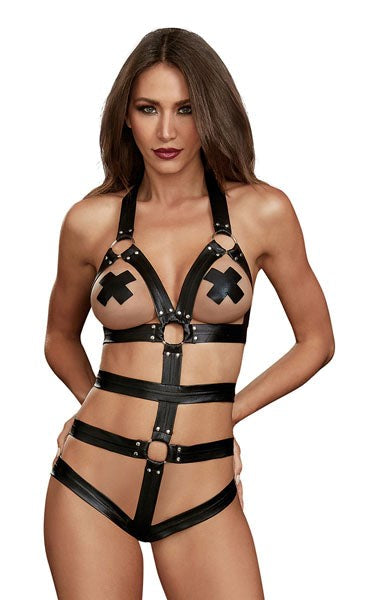 Dream Girl Strappy Faux Leather Womens Teddy Black - Her Fetish