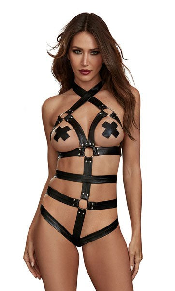 Dream Girl Strappy Faux Leather Womens Teddy Black - Her Fetish