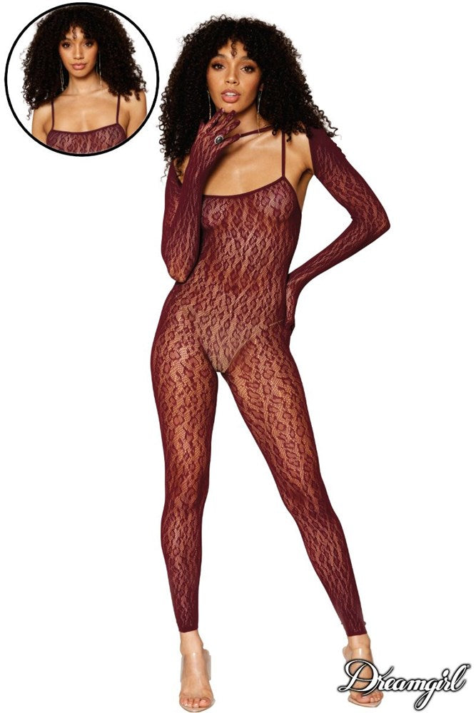 Dream Girl Womens Catsuit Bodystocking & Shrug Burgundy - Body Stockings