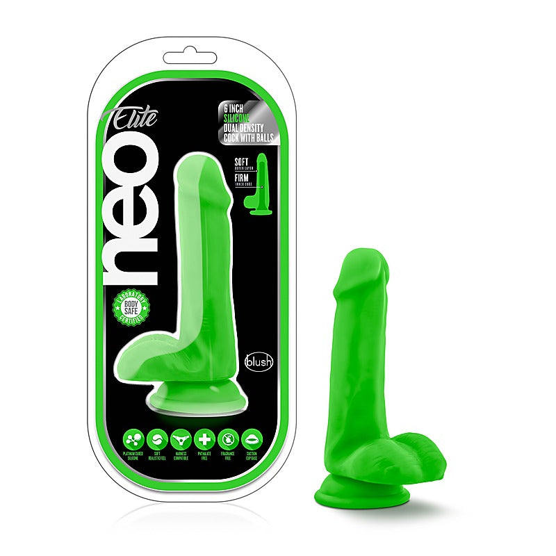 Neo Elite Silicone Dual Density Cock with Balls Neon Green - Realistic Dildos