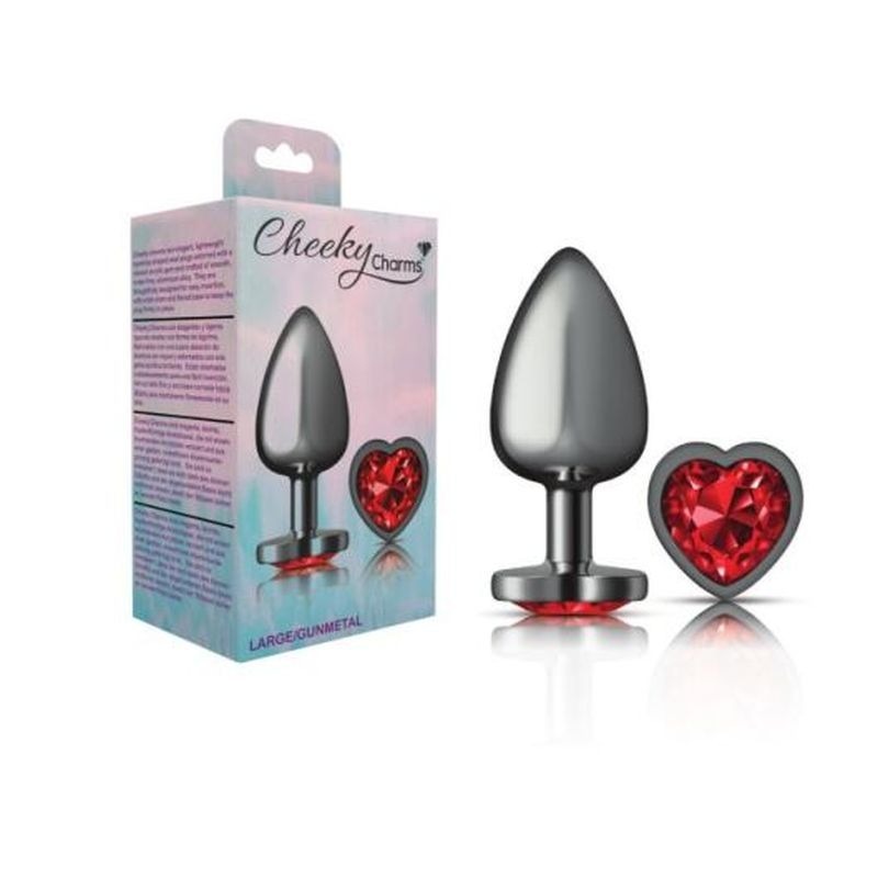 Cheeky Charms Gunmetal Butt Plug w/ Heart Jewel Red - Butt Plugs