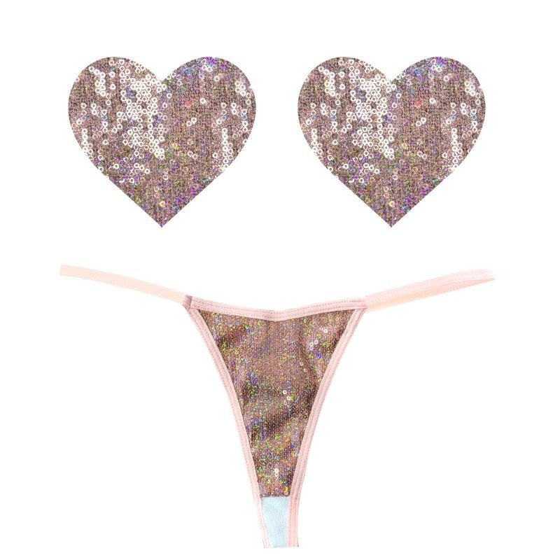 Bubbly Feels Sequin Pantie and Heart Pastie Panties Set - G-Strings, Panties and Shorts