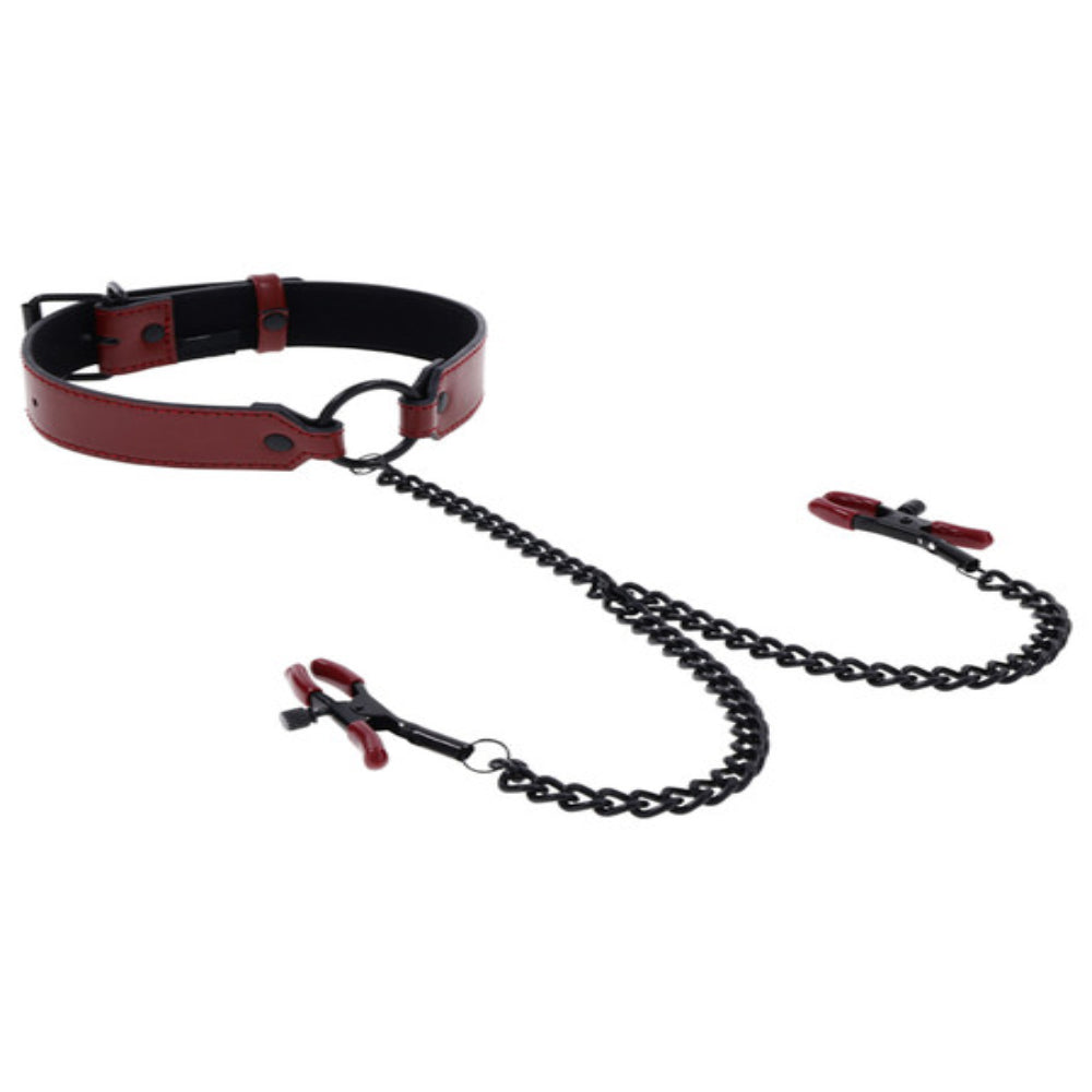 Saffron Bondage Collar with Nipple Clamps - Nipple and Clit Clamps