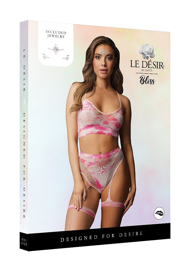 Shots 2 Piece Tie Dye Sexy Bra Set with Garters - Bras and Bra Sets