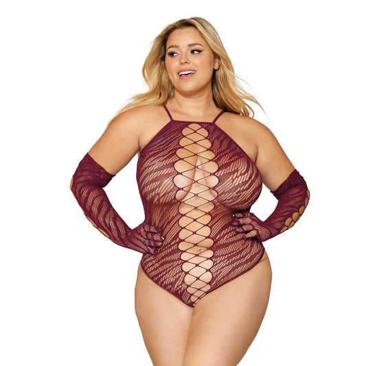 Seamless Zebra Fishnet Teddy and Glove Set - Teddies and Bodysuits