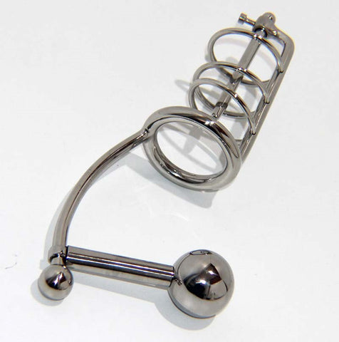 Steel Cock Cage With Penis Anal Plug Silicone - Male Chastity