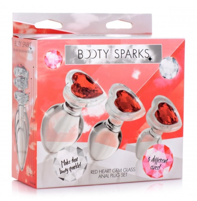 Booty Sparks Red Heart Gem Glass Anal Plug Set - - Butt Plugs