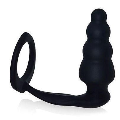 Combo Master Cockring Plug Black - - Stretchy Cock Rings