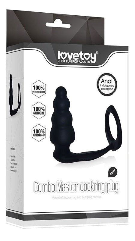 Combo Master Cockring Plug Black - - Stretchy Cock Rings