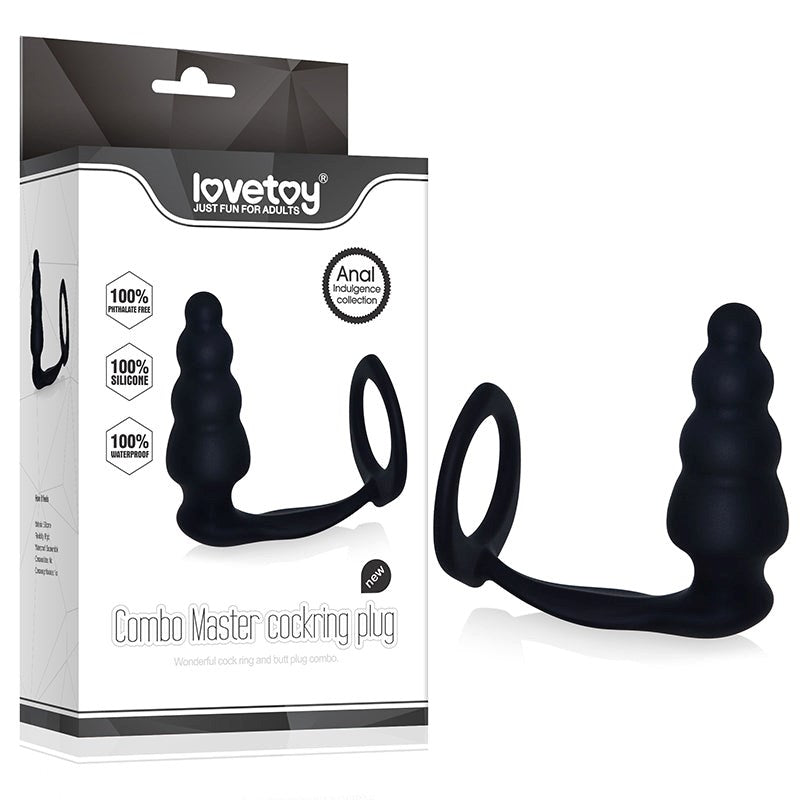 Combo Master Cockring Plug Black - - Stretchy Cock Rings