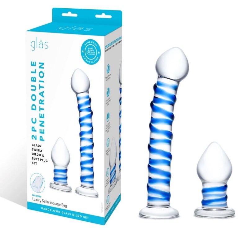 Glas Double Penetration Glass Swirley Dildo and Butt Plug Set - - Anal Dildos