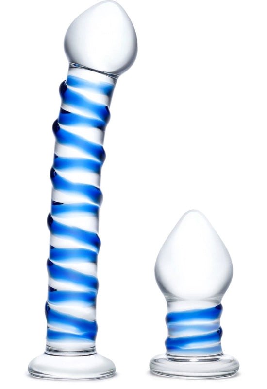 Glas Double Penetration Glass Swirley Dildo and Butt Plug Set - - Anal Dildos