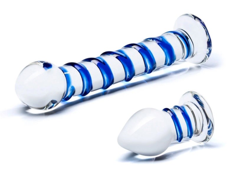 Glas Double Penetration Glass Swirley Dildo and Butt Plug Set - - Anal Dildos