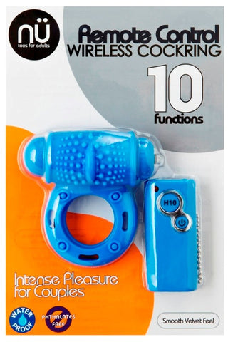 10 Function Remote Control Wireless Cockring Blue - Cock Rings