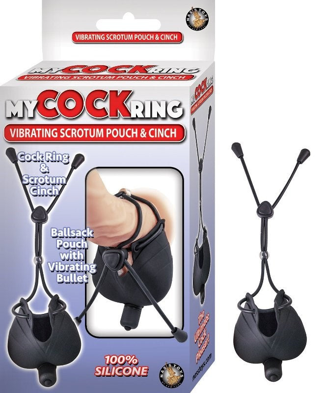 Vibrating Scrotum Pouch with Cinch - - Stretchy Cock Rings