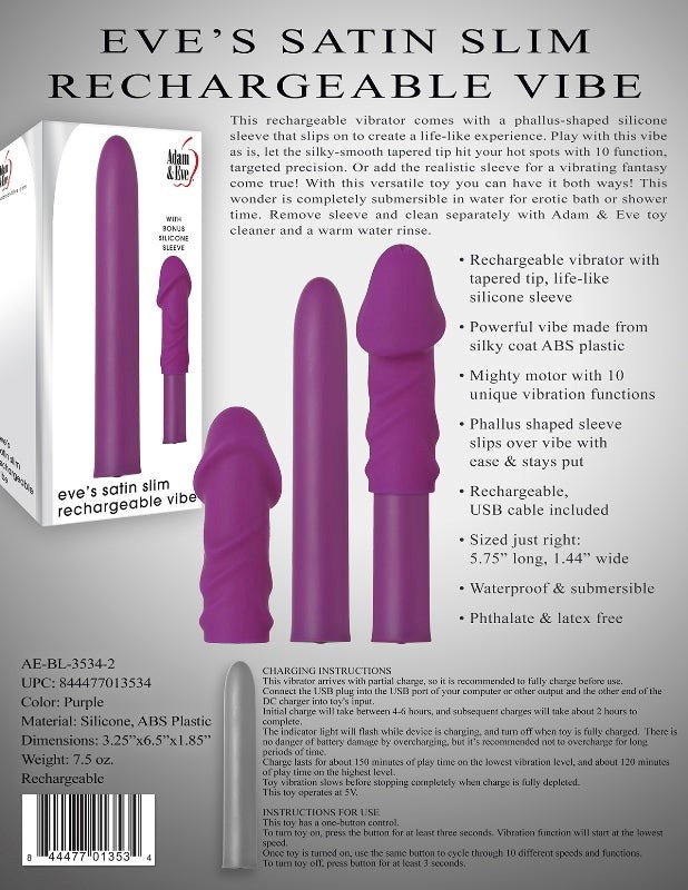 Adam and Eve Eve's Satin Slim Rechargeable Vibe - - Personal Massagers