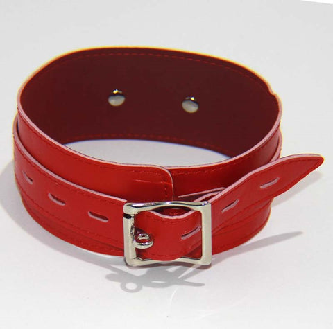 Faux Leather Collar Adjustable Red Thick Bondage Collar - Collars and Leads
