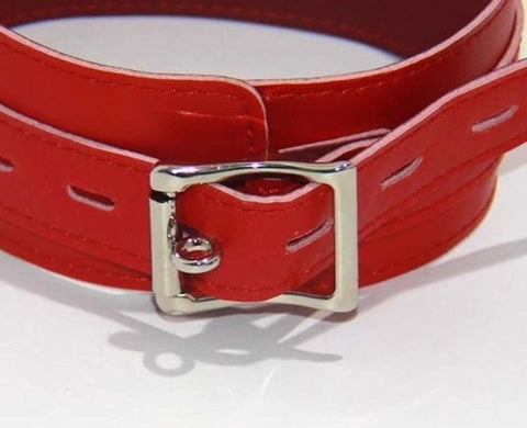 Faux Leather Collar Adjustable Red Thick Bondage Collar - Collars and Leads