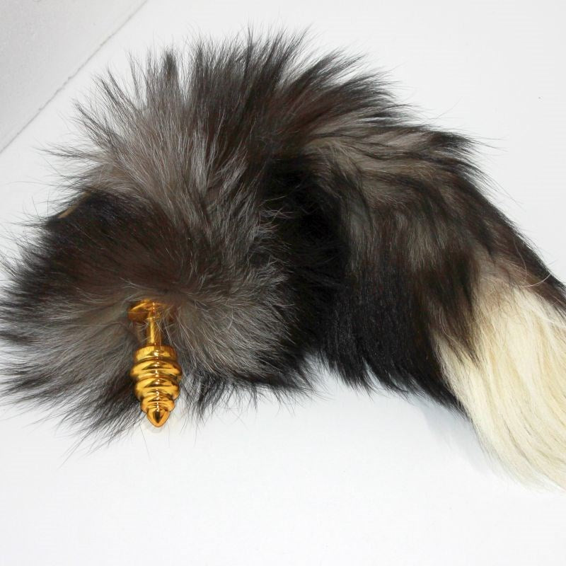 Black & White Faux Fox Tail & Gold Butt Plug - - Steel Sex Toys