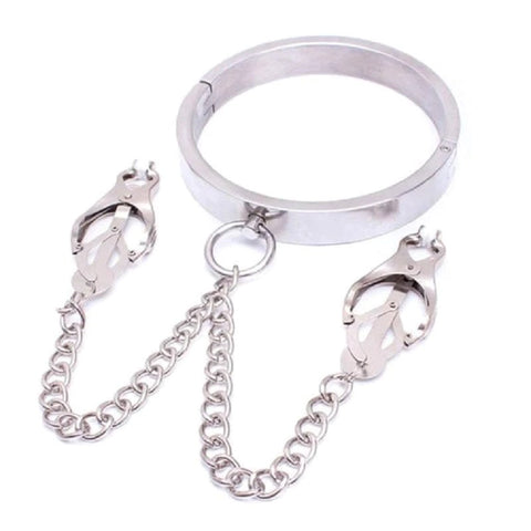 Breast Teasing Metal Collar & Clover Clamps by BDStyle - Collars and Leads