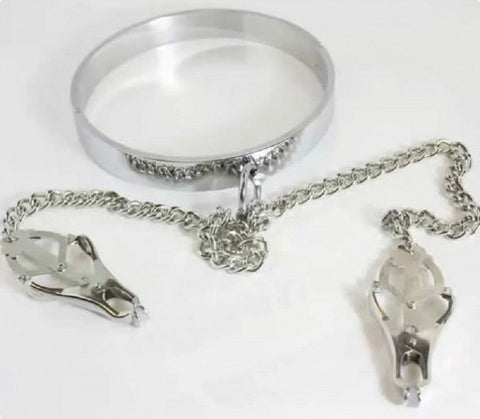 Breast Teasing Metal Collar & Clover Clamps by BDStyle - Collars and Leads