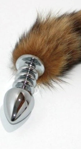 Brown Faux Fox Tail Ribbed Silver Butt Plug by BDStyle - Steel Sex Toys