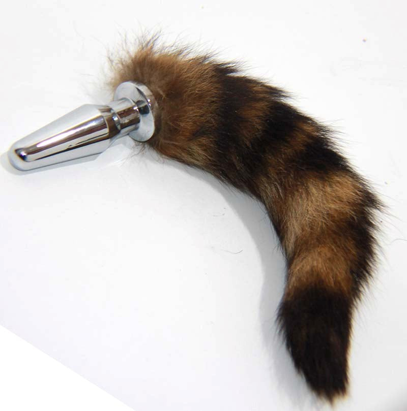 Brown Faux Fox Tail Silver Long Butt Plug - - Steel Sex Toys