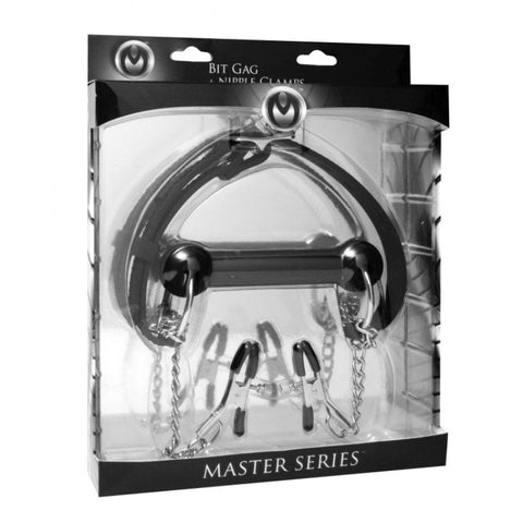 Equine Silicone Bit Gag With Nipple Clamps by XR Brands - Nipple and Clit Clamps