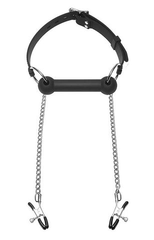 Equine Silicone Bit Gag With Nipple Clamps by XR Brands - Nipple and Clit Clamps