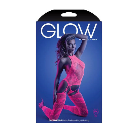Glow Neon Pink Halter Bodystocking by Fantasy Lingerie - Hosiery