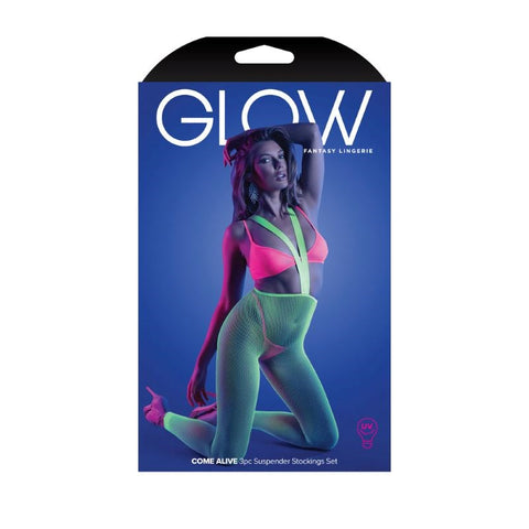 Glow Come Alive 3 Piece Suspender Stockings Set 1size - Hosiery