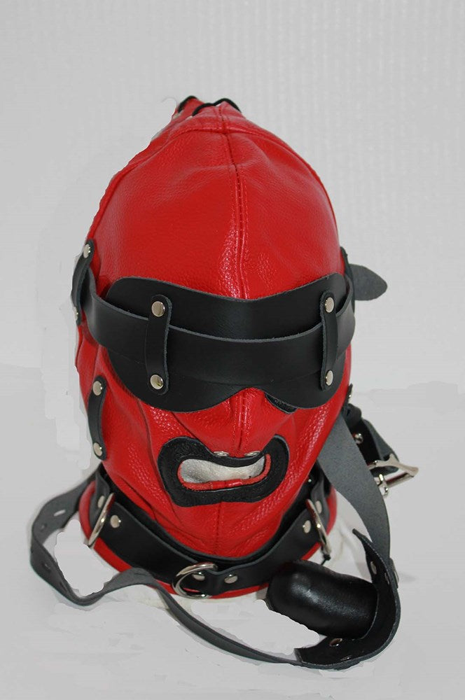 Hell Fire Slave Hood & Blindfold Faux Leather Red & Black - - Bondage Hoods