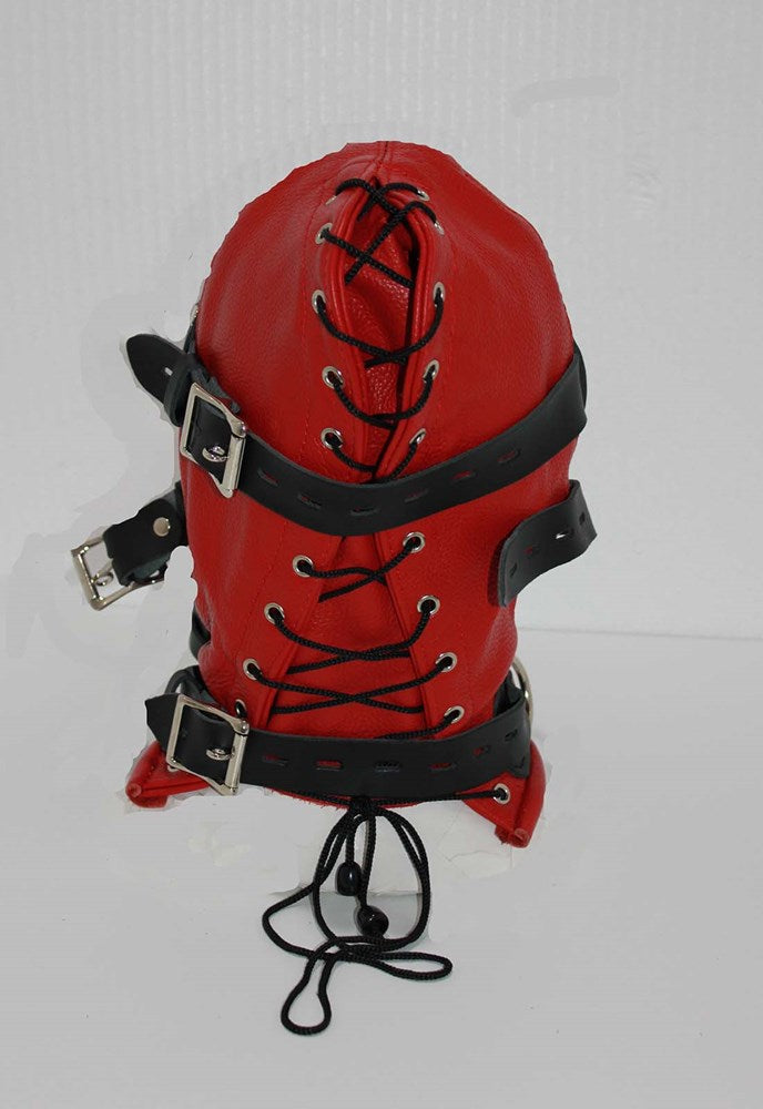 Hell Fire Slave Hood & Blindfold Faux Leather Red & Black - - Bondage Hoods