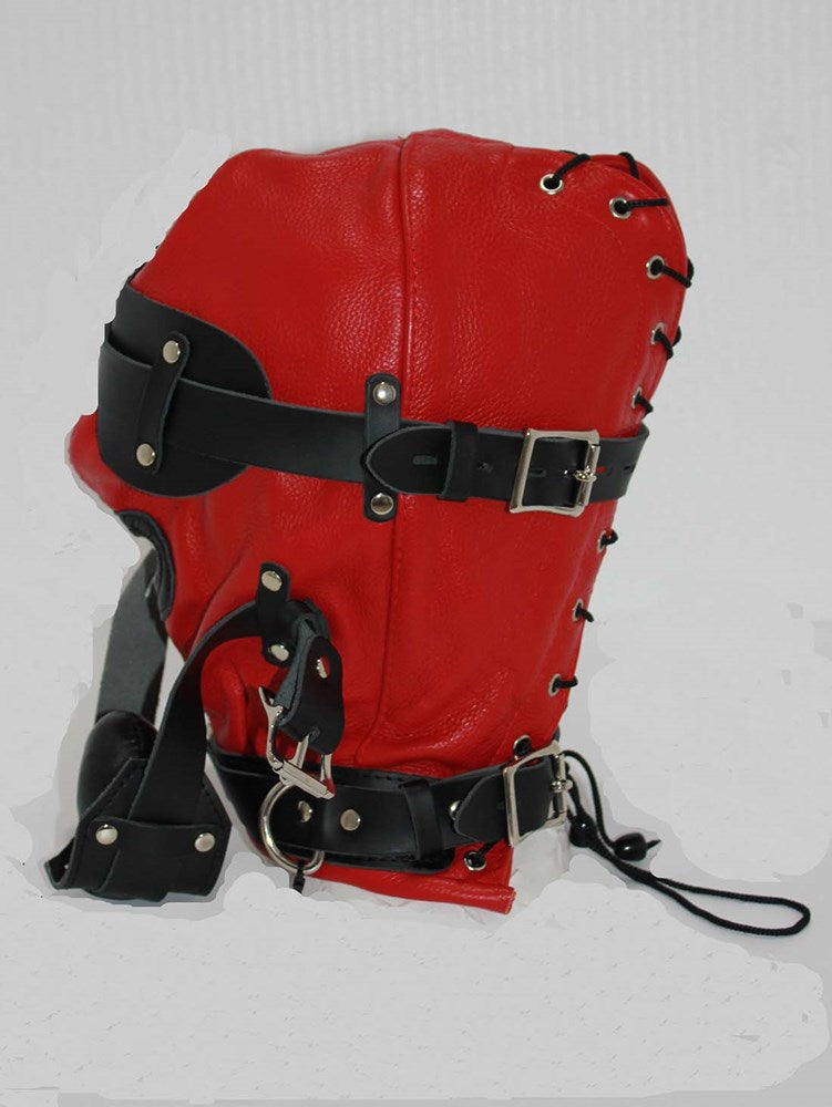 Hell Fire Slave Hood & Blindfold Faux Leather Red & Black - - Bondage Hoods