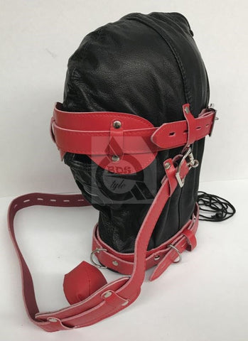 Hell On Fire Black With Red Slave Hood & Blindfold Leather - Bondage Hoods