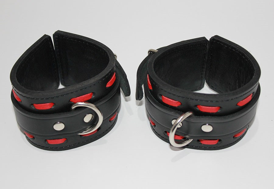 Infernal Restraints Wrist Black Leather with Red Stitching - - Cuffs And Restraints