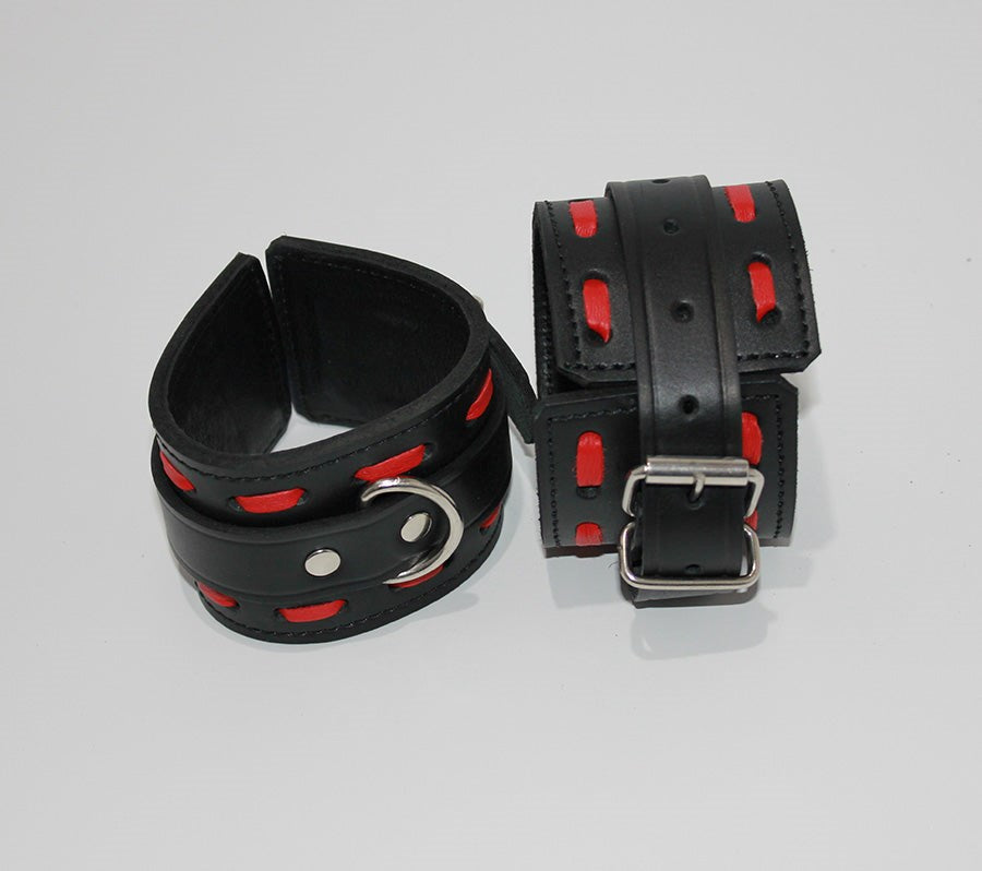 Infernal Restraints Wrist Black Leather with Red Stitching - - Cuffs And Restraints