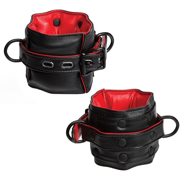 Kink Leather Submissive Accessories Wrist Restraint Black/Red - - Collars And Cuffs