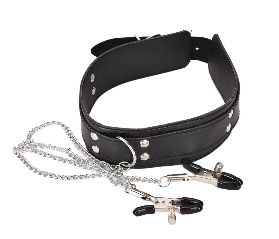 KinkCraft Slave Collar Leather and Nipple Clamps - - Collars And Cuffs