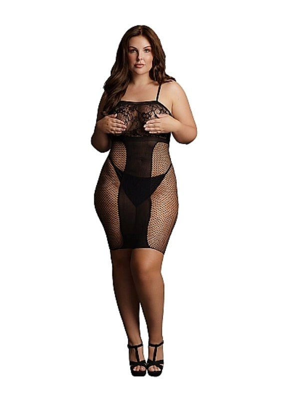 Knee-Length Lace and Fishnet Dress - - Body Stockings