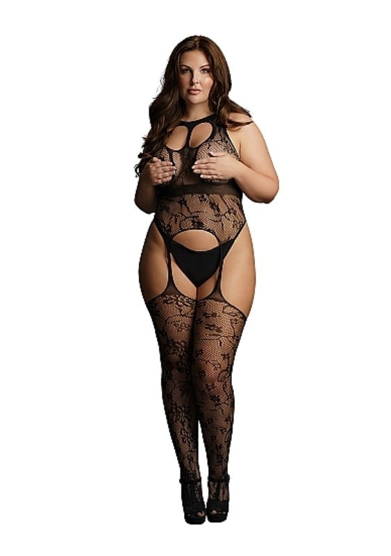 Lace Suspender Bodystocking with Round Neck Queen Size - - Body Stockings