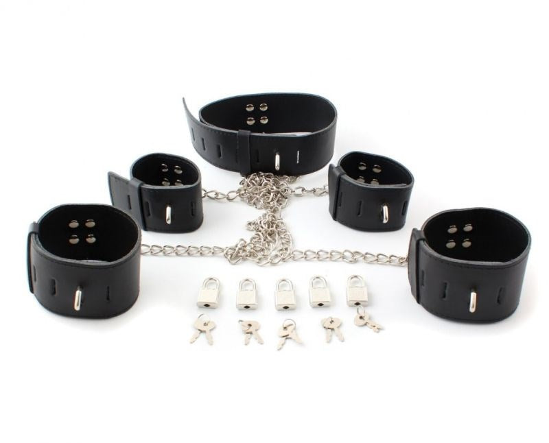 Licks & Lashes Leather Wrist, Ankle and Choker Restraint Set - - Cuffs And Restraints