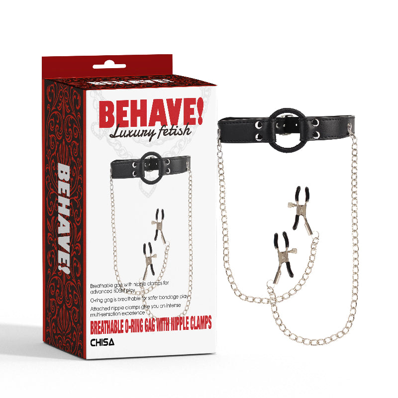 Chisa Breathable O-ring Gag with Nipple Clamps - Bondage Gags and Bits