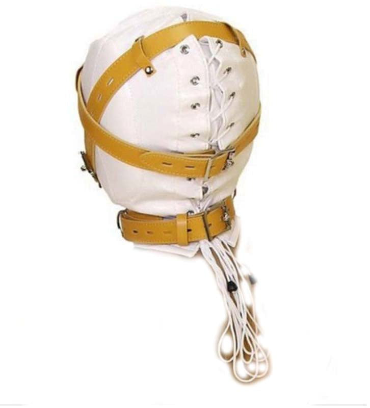 Obey Sir Sensory Deprivation Hood White Leather - - Bondage Hoods