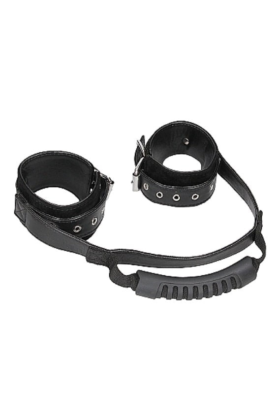 Ouch Black and White Bonded Leather Wrist Cuffs with Handle - - Cuffs And Restraints