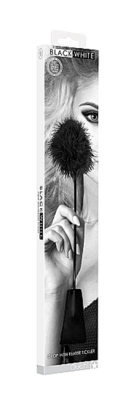 Ouch Black and White Crop with Feather Tickler - - Whips And Crops