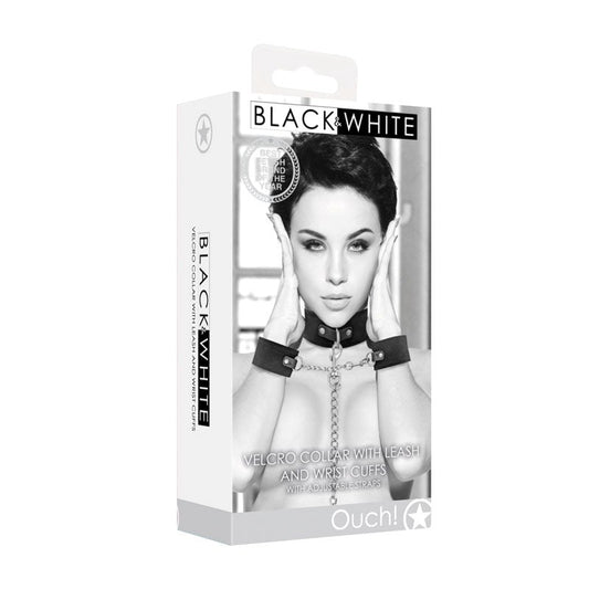 OUCH! BW Velcro Collar With Leash And Hand Cuffs - - Collars And Cuffs