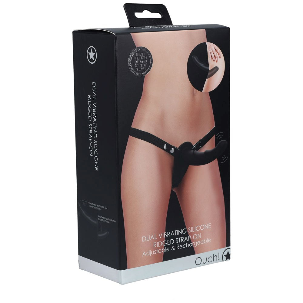 OUCH! Dual Silicone Ridged Vibrating Strap-On - - Strap On Sextoys