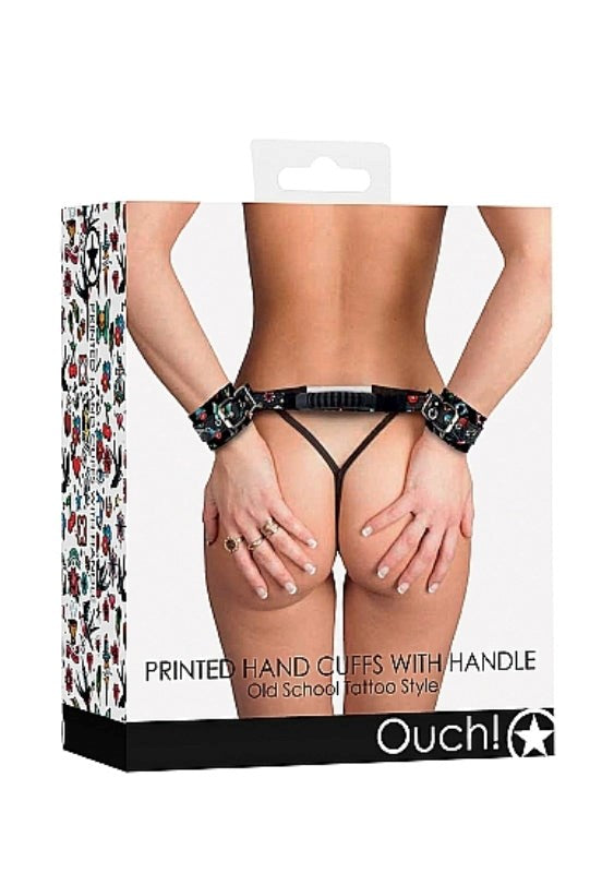 OUCH! Printed Handcuffs with Handle - Old School - - Collars And Cuffs