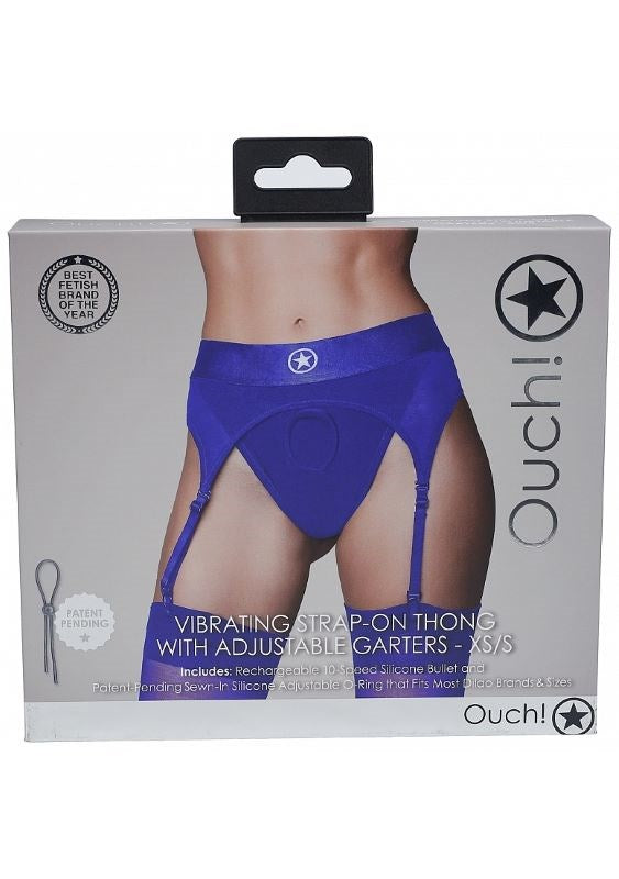 Ouch! Vibrating Strap-on Thong with Adjustable Garters - Royal B - - Strap On Sextoys